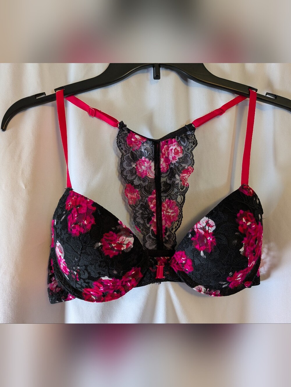 Candies Floral Lace Racerback Front Clasp Push-Up Bra - Black & Fuchsia 34B